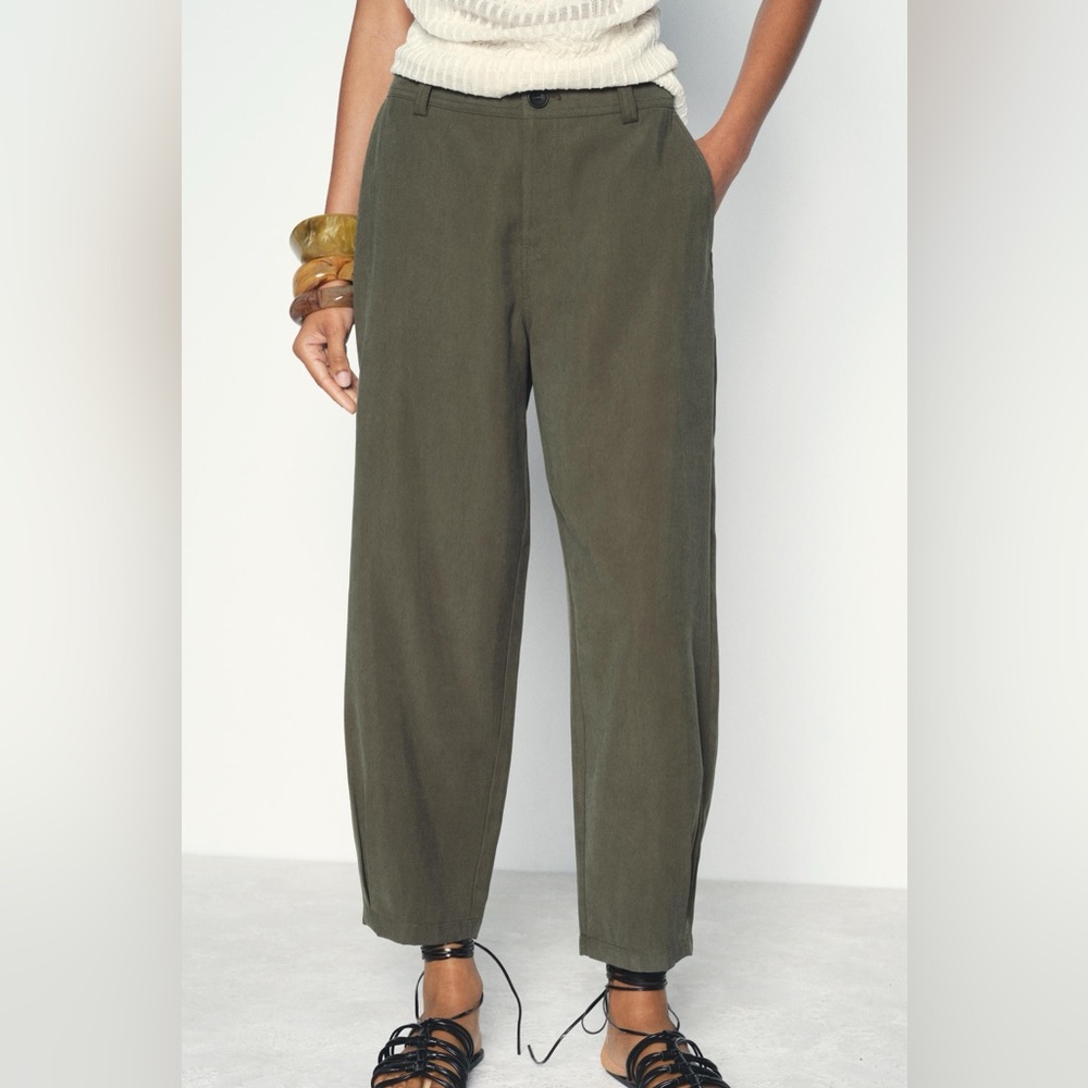 Zara Olive Chino Pants with Pleated Hems - Picture 3 of 7